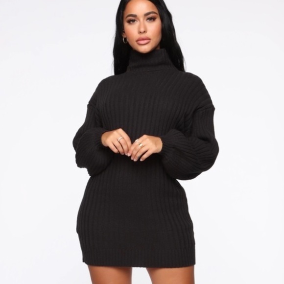 Fashion nova black cable knit oversize turtleneck sweater dress up - Picture 1 of 5